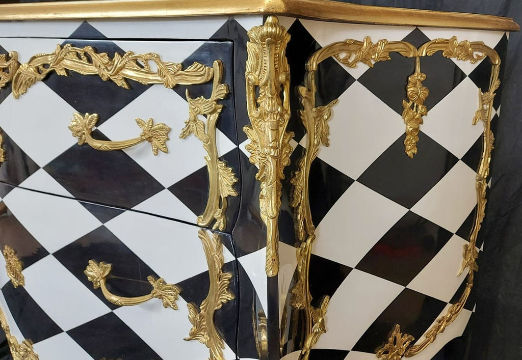 Barock Kommode mit Karo Design und 2 Schubladen Schwarz / Weiß / Gold - Handgefertigte Massivholz Kommode im Barockstil - Schlafzimmer Möbel im Barockstil - Barock Möbel