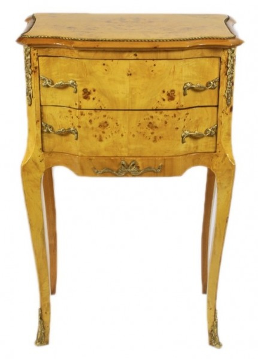 Barock Kommode Vogelaugen Ahorn / Gold mit 2 Schubladen - Nachtschrank Antik Stil