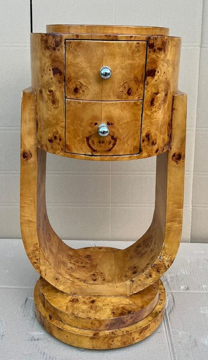 Art Deco Kommode Vogelaugen Ahorn - Runde Massivholz Nachtkommode - Beistelltisch mit 2 Schubladen - Handgefertigte Art Deco Möbel
