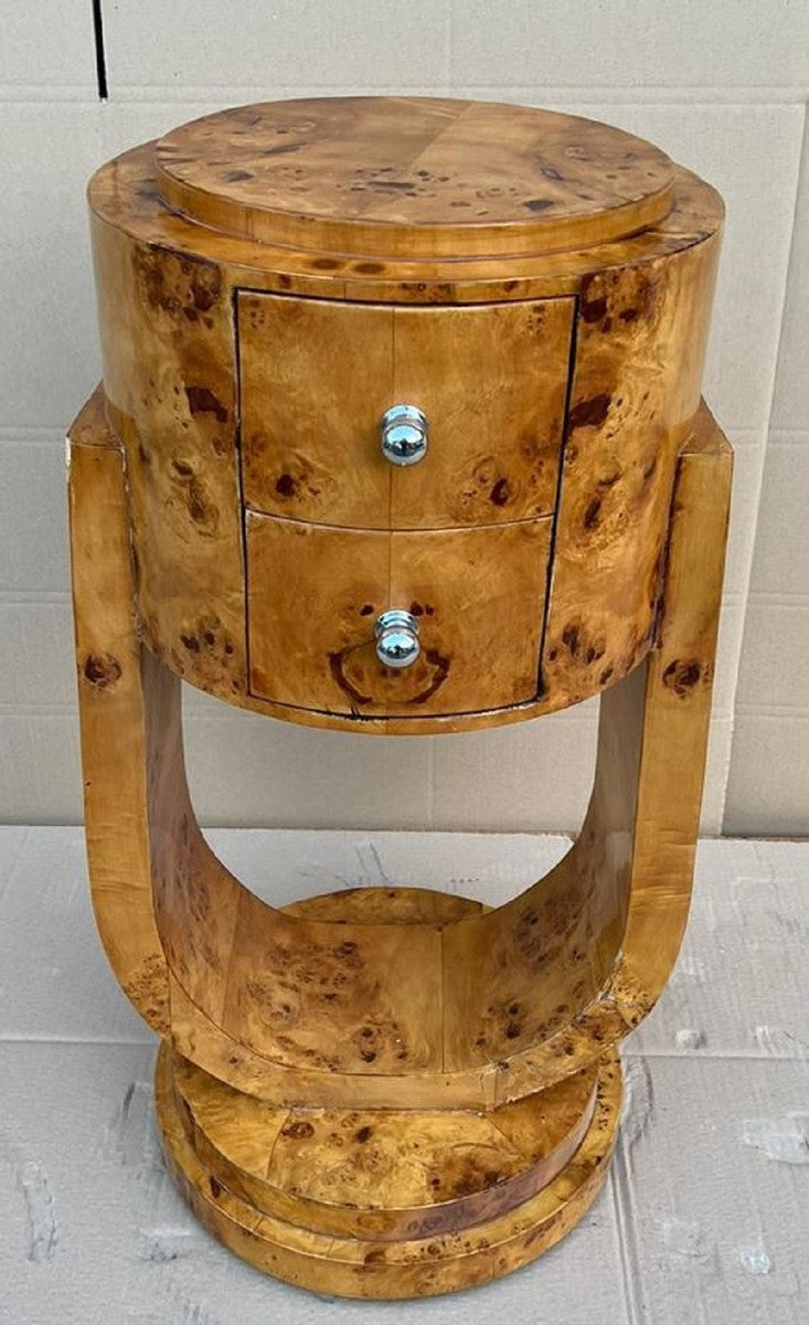 Art Deco Kommode Vogelaugen Ahorn - Runde Massivholz Nachtkommode - Beistelltisch mit 2 Schubladen - Handgefertigte Art Deco Möbel