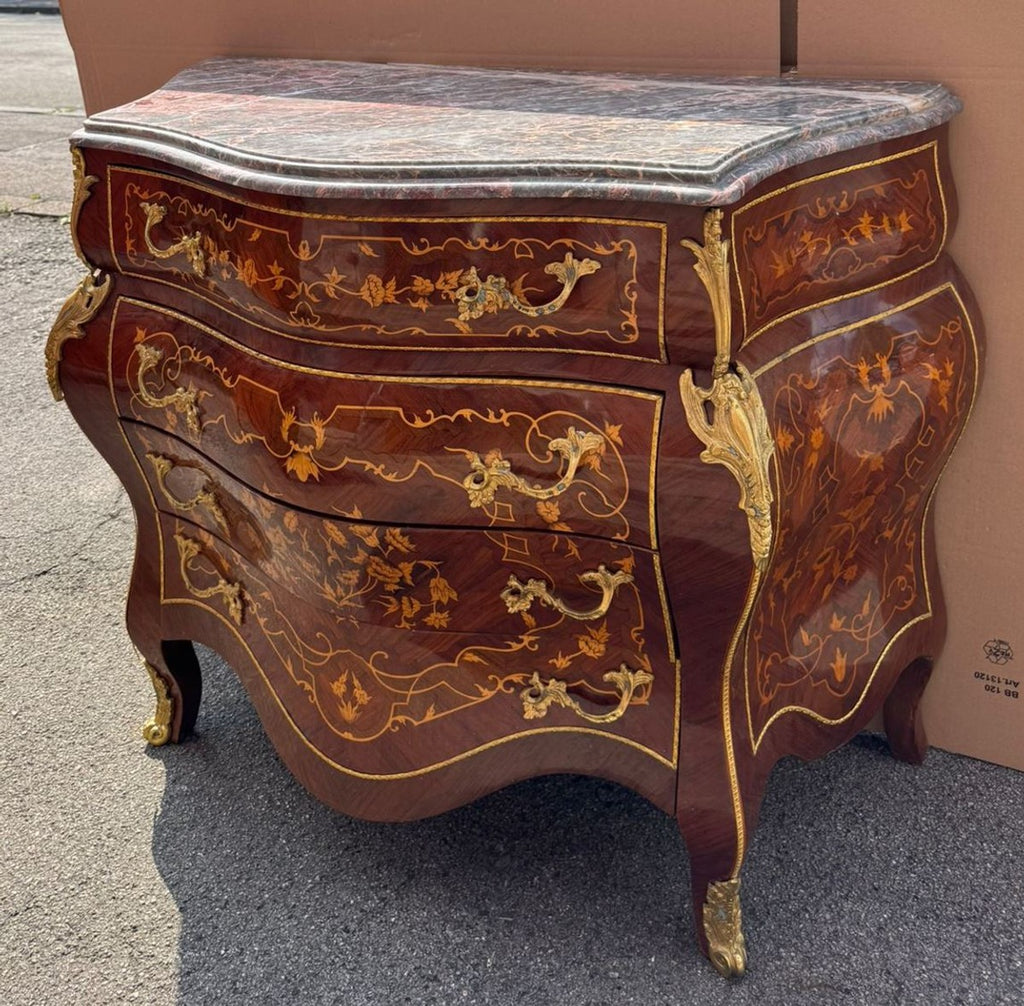 Barock Kommode mit 4 Schubladen und Marmorplatte Braun Intarsien / Gold / Grau 100 cm