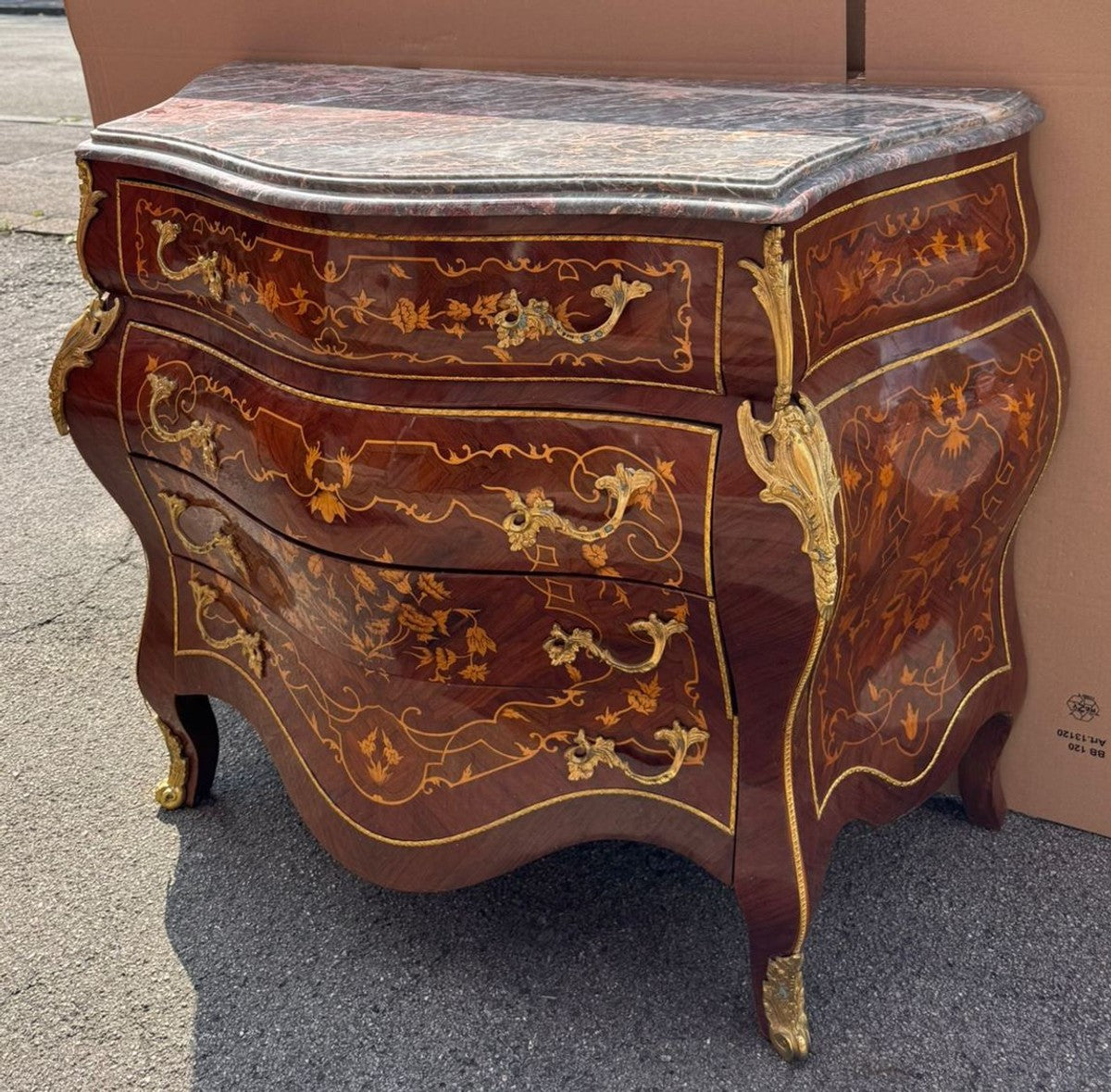Barock Kommode mit 4 Schubladen und Marmorplatte Braun Intarsien / Gold / Grau 100 cm