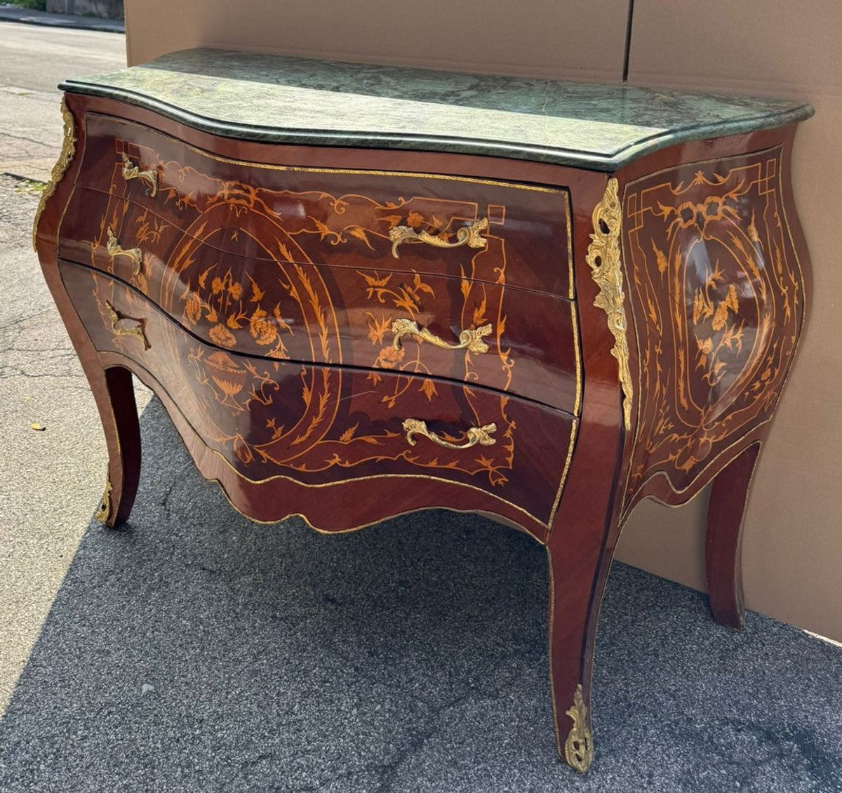 Barock Kommode mit 3 Schubladen und Marmorplatte Braun Intarsien / Gold / Grün 123 cm