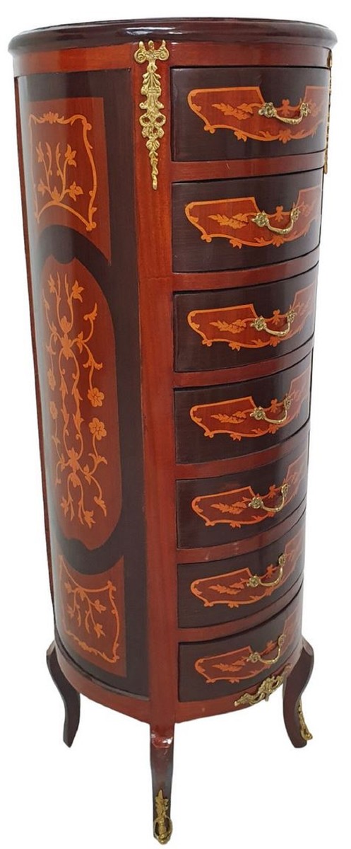 Barock Kommode mit 7 Schubladen Braun / Gold - Runder Massivholz Schrank im Barockstil - Wohnzimmer Möbel im Barockstil - Barock Möbel - Barock Einrichtung