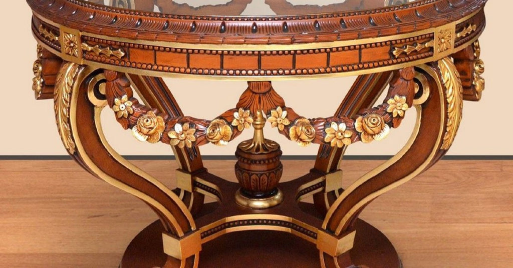 Barock Konferenztisch Braun / Gold - Runder Massivholz Büro Tisch mit Glasplatte - Barock Büro Möbel - Edel & Prunkvoll