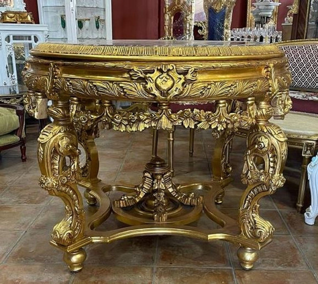 Barock Konferenztisch Gold / Schwarz-Grau - Prunkvoller runder Massivholz Büro Tisch mit Marmorplatte - Büro Möbel im Barockstil - Barock Möbel - Edel & Prunkvoll