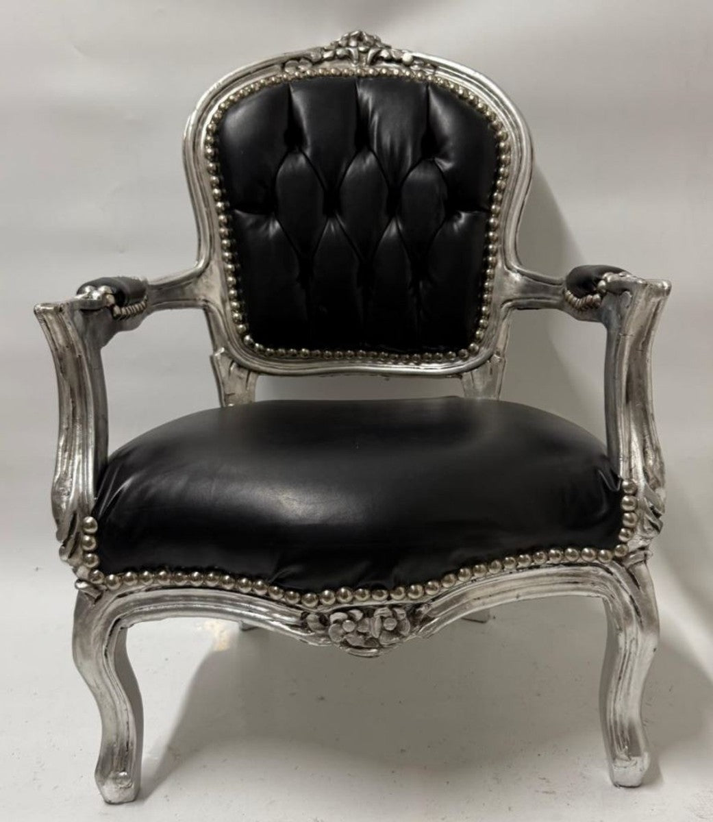 Barock Kunstleder Kinderstuhl mit Armlehnen Schwarz / Silber - Barock Kindermöbel