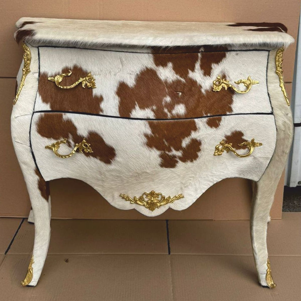 Barock Kuhfell Kommode Weiß / Braun / Gold 100 cm - Barock Möbel