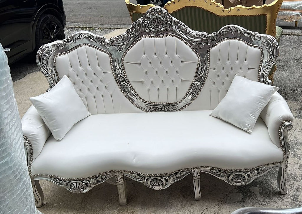 Barock Kunstleder Sofa Weiß / Silber 180 cm - Barock Wohnzimmer Möbel