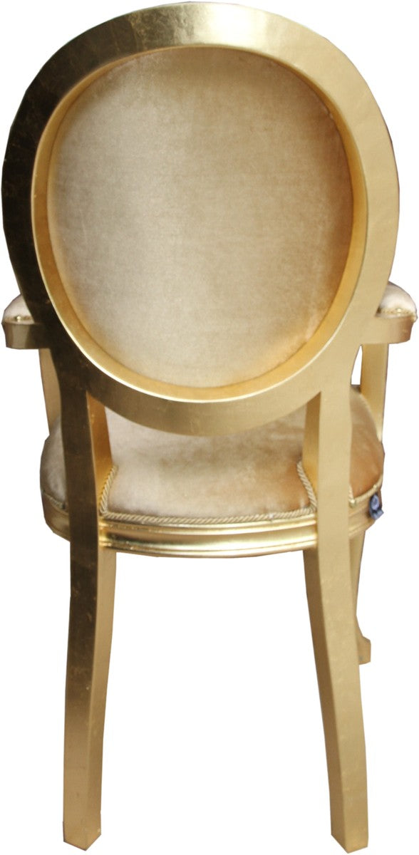 Barock Luxus Esszimmer Medaillon Stuhl mit Armlehnen Gold Samtstoff / Gold