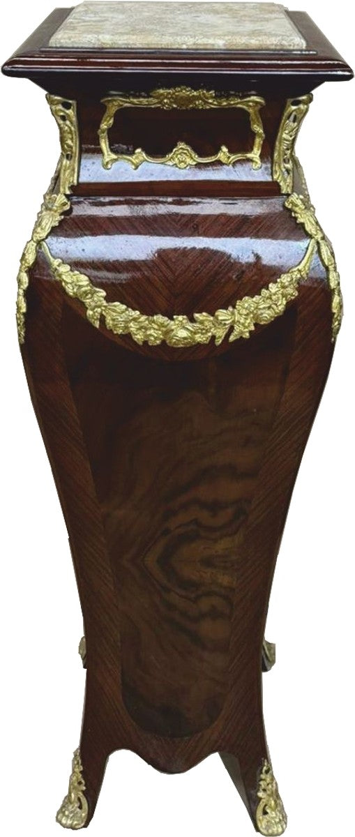 Barock Massivholz Säule mit Marmorplatte Dunkelbraun / Gold / Creme H. 122 cm