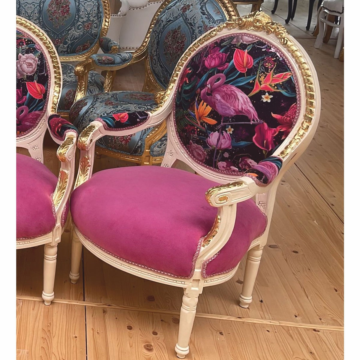 Barock Medaillon Salon Stuhl Pink / Bunt / Weiß / Gold H. 100 cm - Barock Möbel