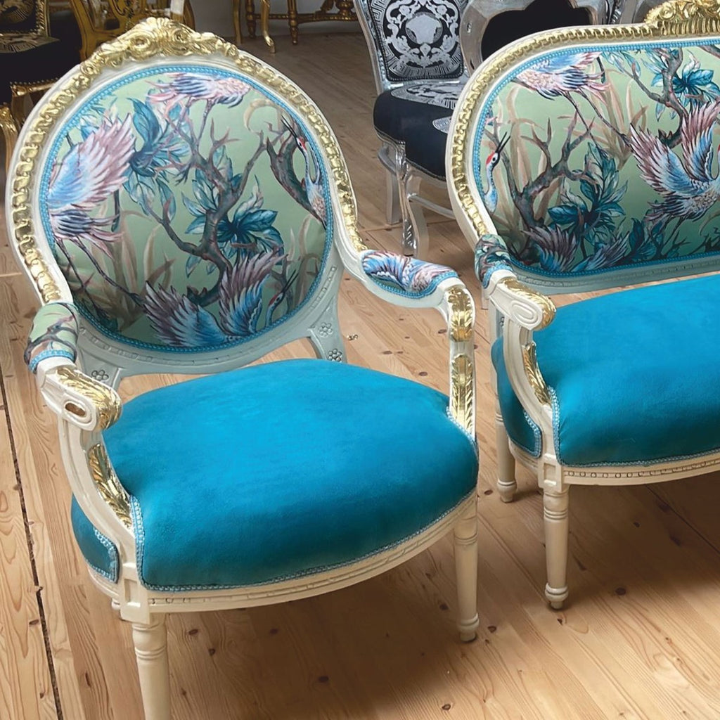 Barock Medaillon Salon Stuhl Blau / Bunt / Weiß / Gold H. 100 cm - Barock Möbel