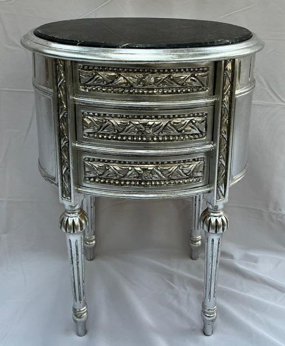 Barock Nachtkommode Antik Silber / Schwarz - Prunkvolle Barockstil Kommode mit 3 Schubladen und Marmorplatte - Barock Möbel - Schlafzimmer Möbel im Barockstil