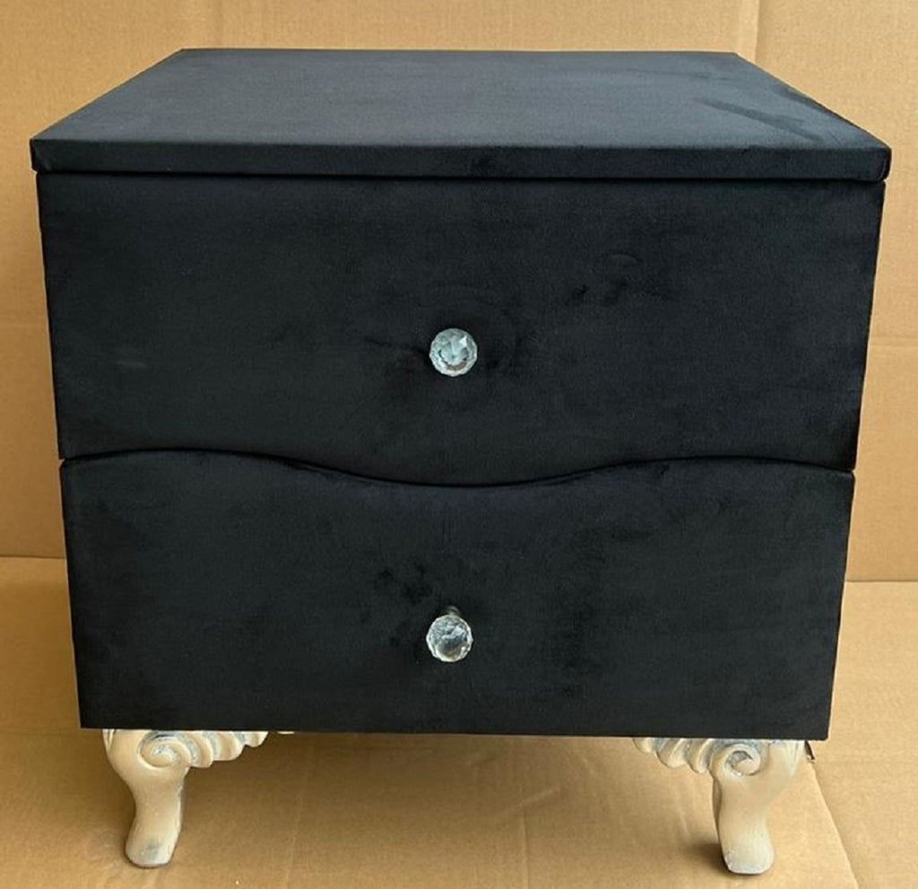 Barock Nachtkommode mit 2 Schubladen Schwarz / Silber - Barockstil Nachttisch - Barock Möbel - Schlafzimmer Möbel im Barockstil - Edel & Prunkvoll