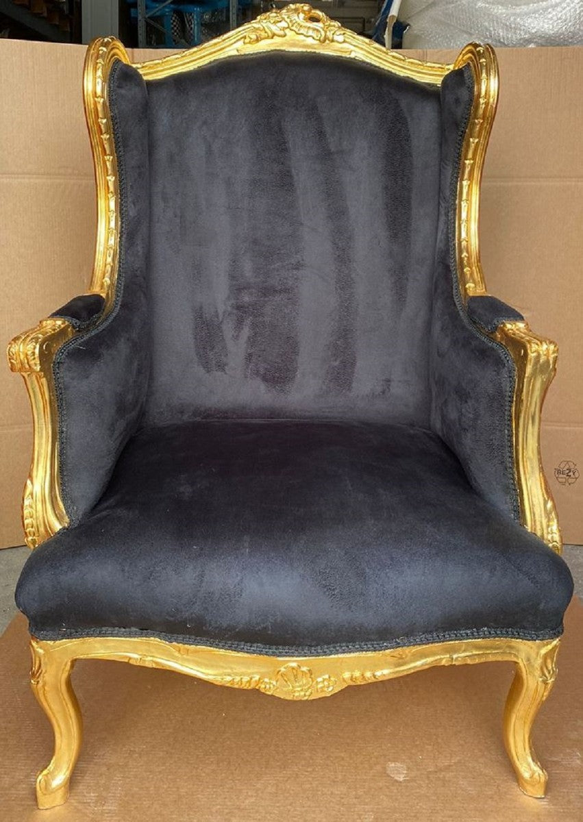 Barock Ohrensessel Schwarz / Gold - Handgefertigter Antik Stil Wohnzimmer Sessel - Antik Stil Möbel - Barock Wohnzimmer Möbel