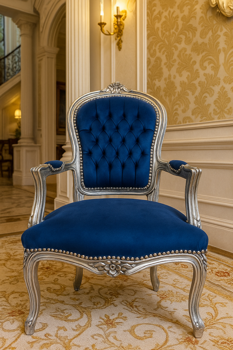 Barock Salon Stuhl Blau / Silber H. 95 cm - Barockstil Möbel