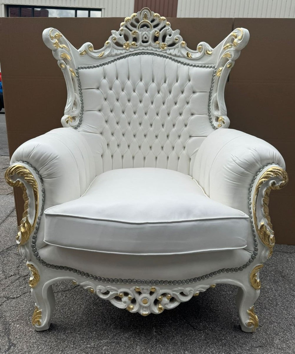 Barock Kunstleder Sessel Weiß / Gold H. 127 cm - Barockstil Möbel