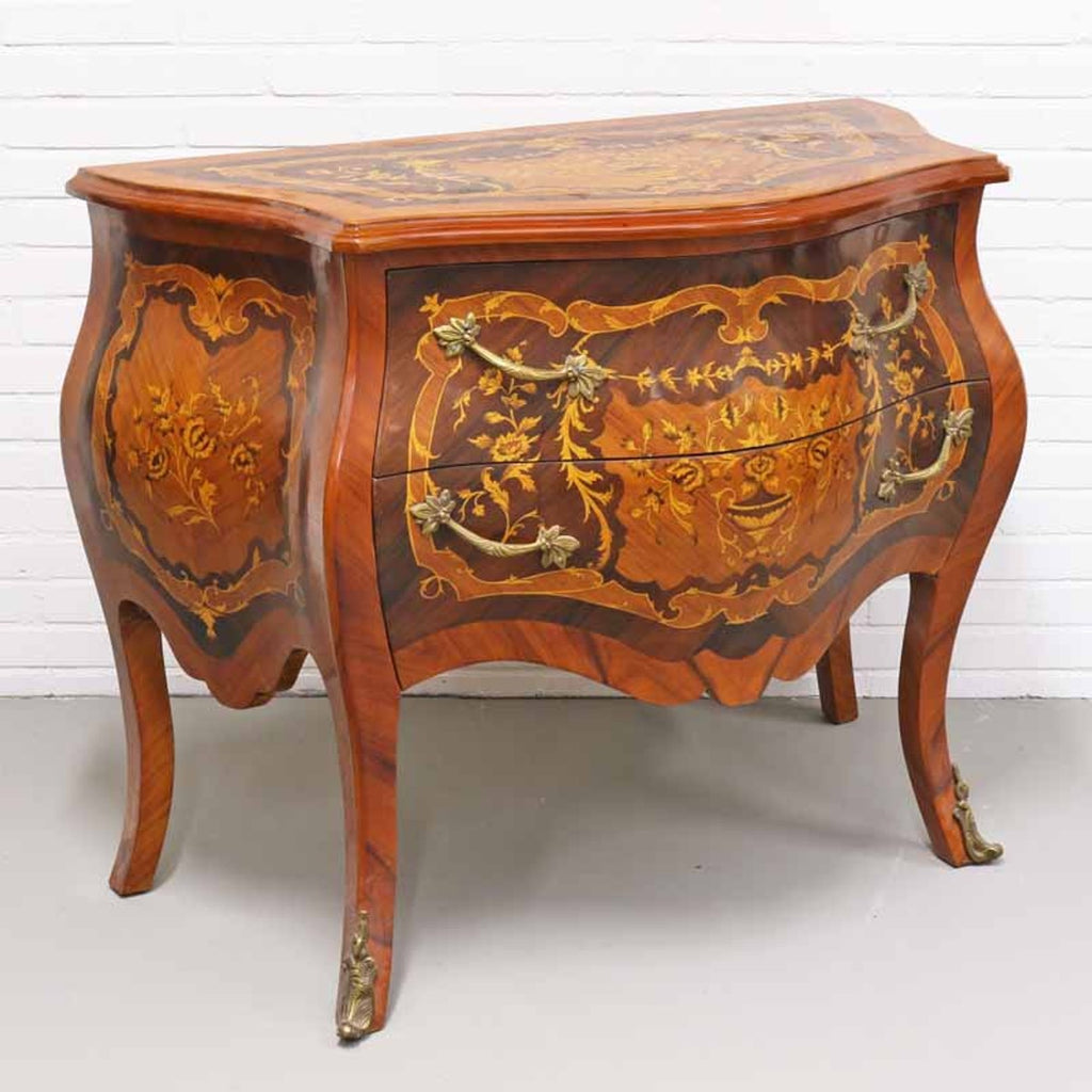 Barock Kommode mit 2 Schubladen in mahaginibraun Intarsien / messing 100 x 55 x H. 85 cm - Barockstil Möbel