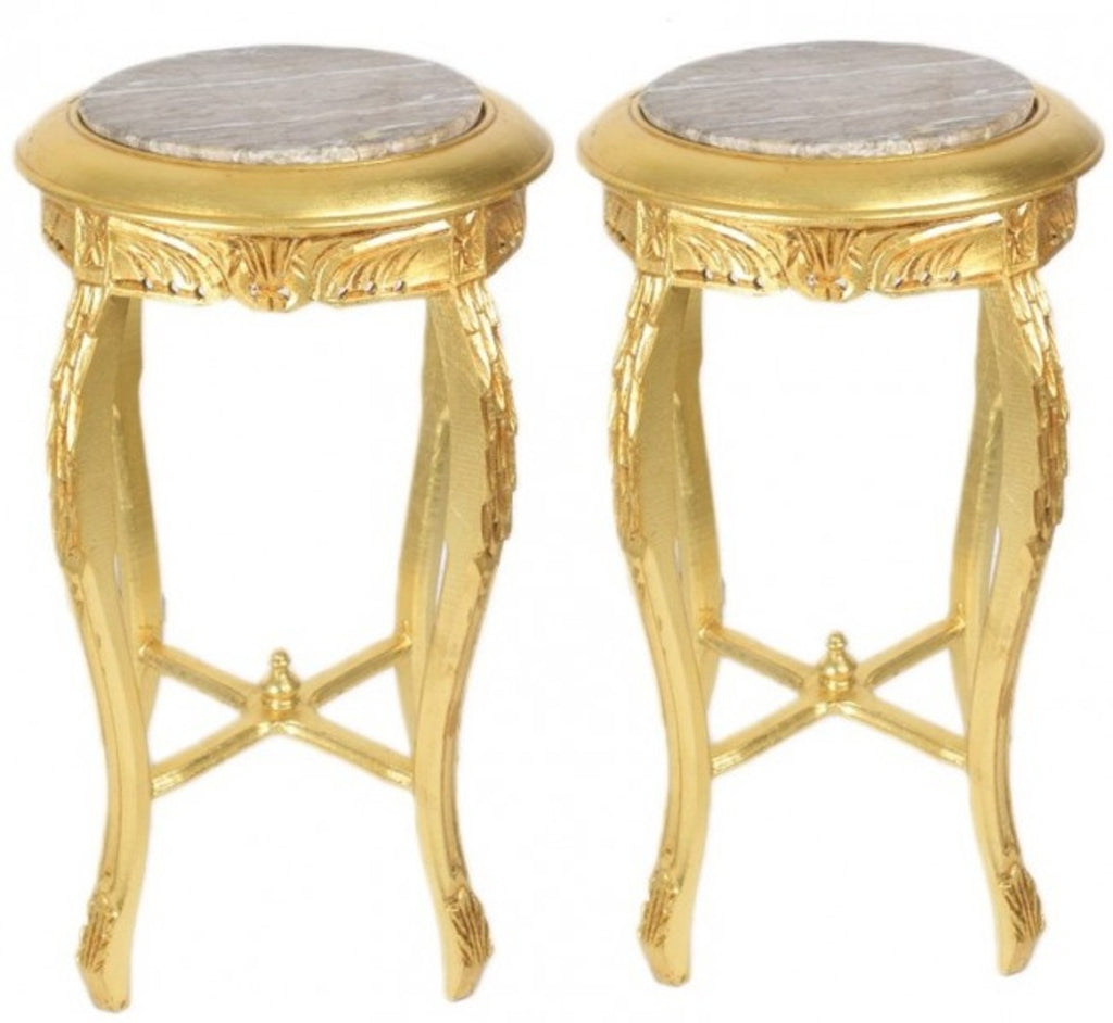 Barock Beistelltisch mit cremefarbener Marmorplatte Rund Gold 50 x 35 cm Antik Stil - Telefon Blumen Tisch