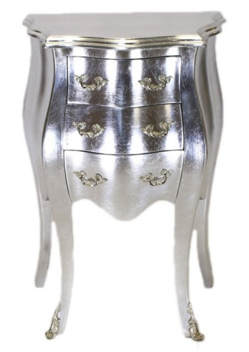 Barock Kommode Silber H 70 cm, B 50 cm - Nachttisch Schrank mit 3 Schubladen
