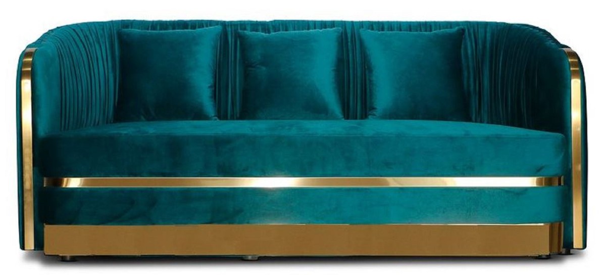 Art Deco Samt Sofa Grünblau / Gold 180 x 78 x H. 80 cm - Wohnzimmer Sofa - Art Deco Wohnzimmer Möbel