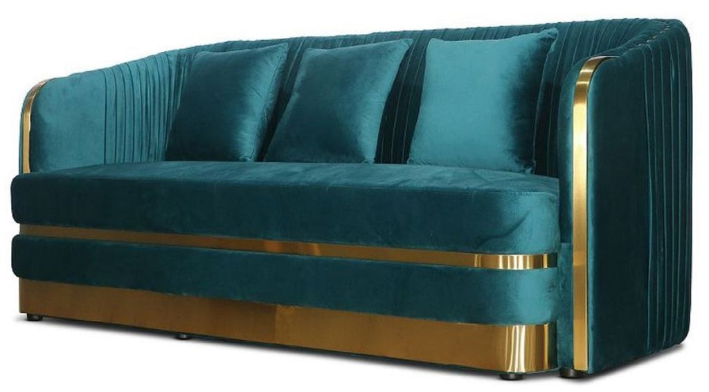 Art Deco Samt Sofa Grünblau / Gold 180 x 78 x H. 80 cm - Wohnzimmer Sofa - Art Deco Wohnzimmer Möbel