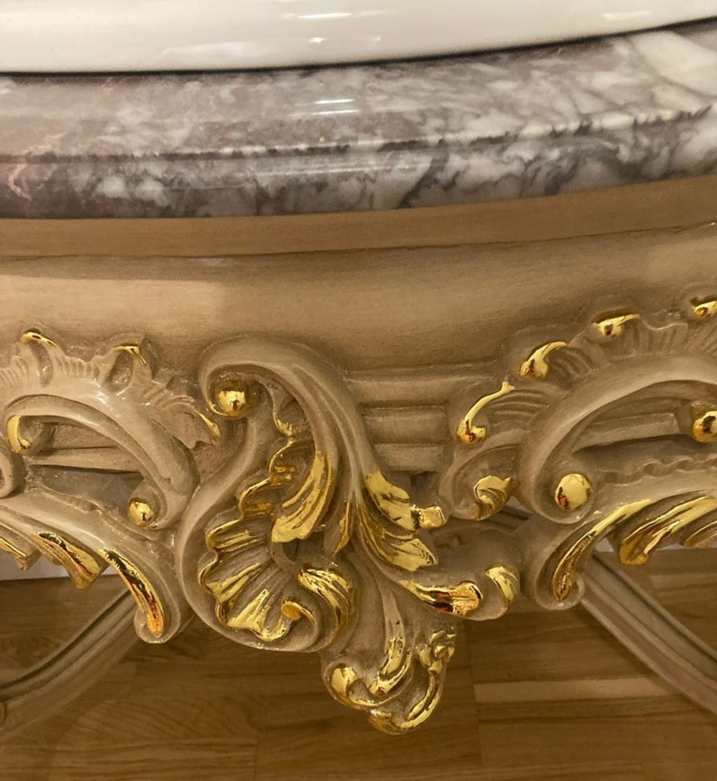 Barock Badezimmer Set Grau / Gold - 1 Waschtisch & 1 Keramik Waschbecken & 1 Wandspiegel - Badezimmer Möbel im Barockstil - Barock Möbel - Barock Einrichtung