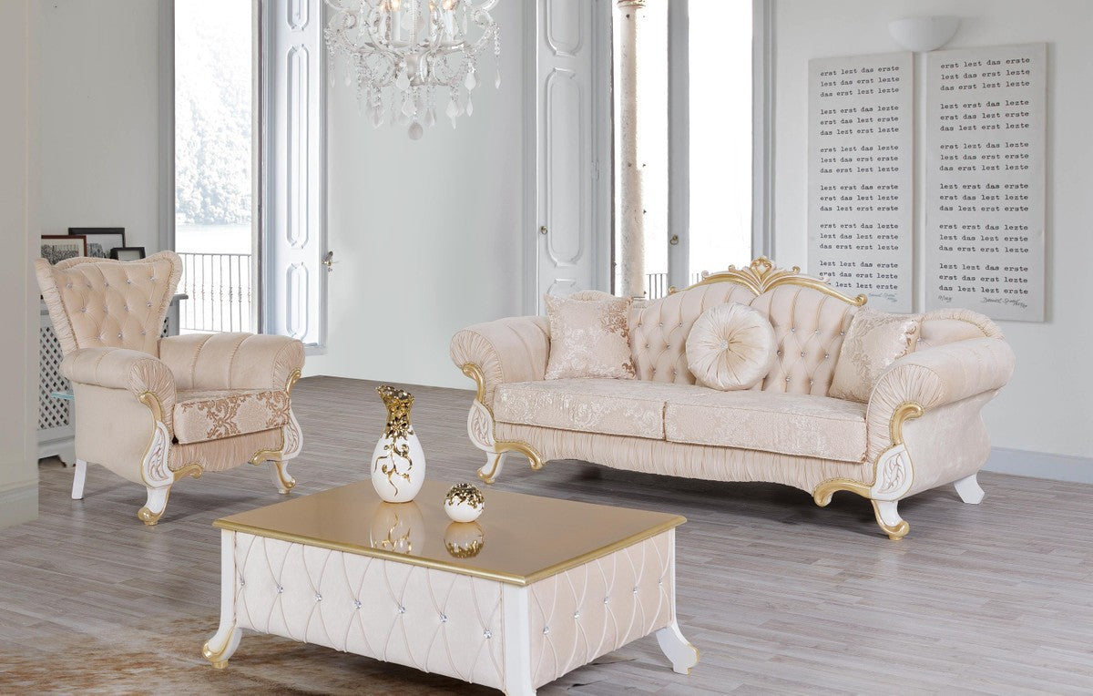 Barock Couchtisch Beige / Weiß / Gold 100 x 64 x H. 43 cm - Edler Barockstil Wohnzimmertisch mit Glitzersteinen - Barock Möbel