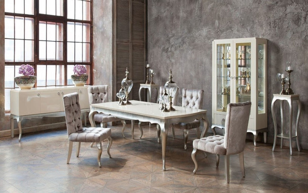 Art Deco Esstisch Creme / Silber 189-240 x 108 x H. 76 cm - Ausziehbarer Massivholz Küchentisch - Art Deco Esszimmer Möbel