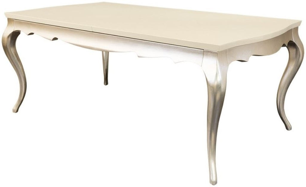 Art Deco Esstisch Creme / Silber 189-240 x 108 x H. 76 cm - Ausziehbarer Massivholz Küchentisch - Art Deco Esszimmer Möbel