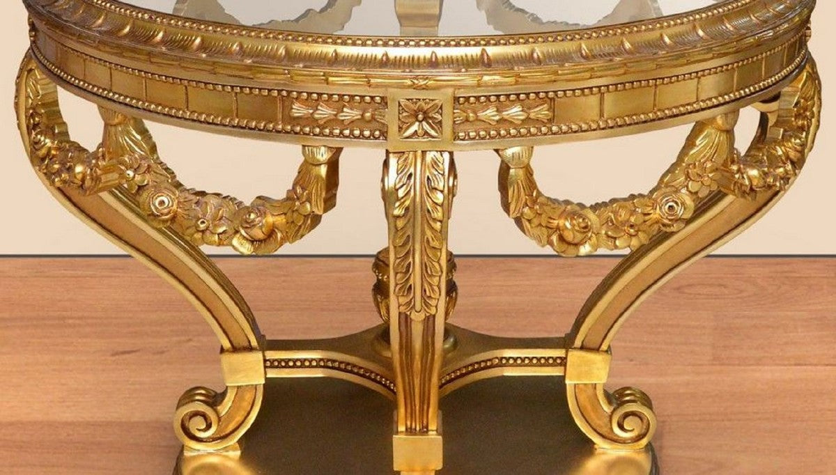 Barock Konferenztisch Gold - Runder Massivholz Büro Tisch mit Glasplatte - Barock Büro Möbel - Edel & Prunkvoll