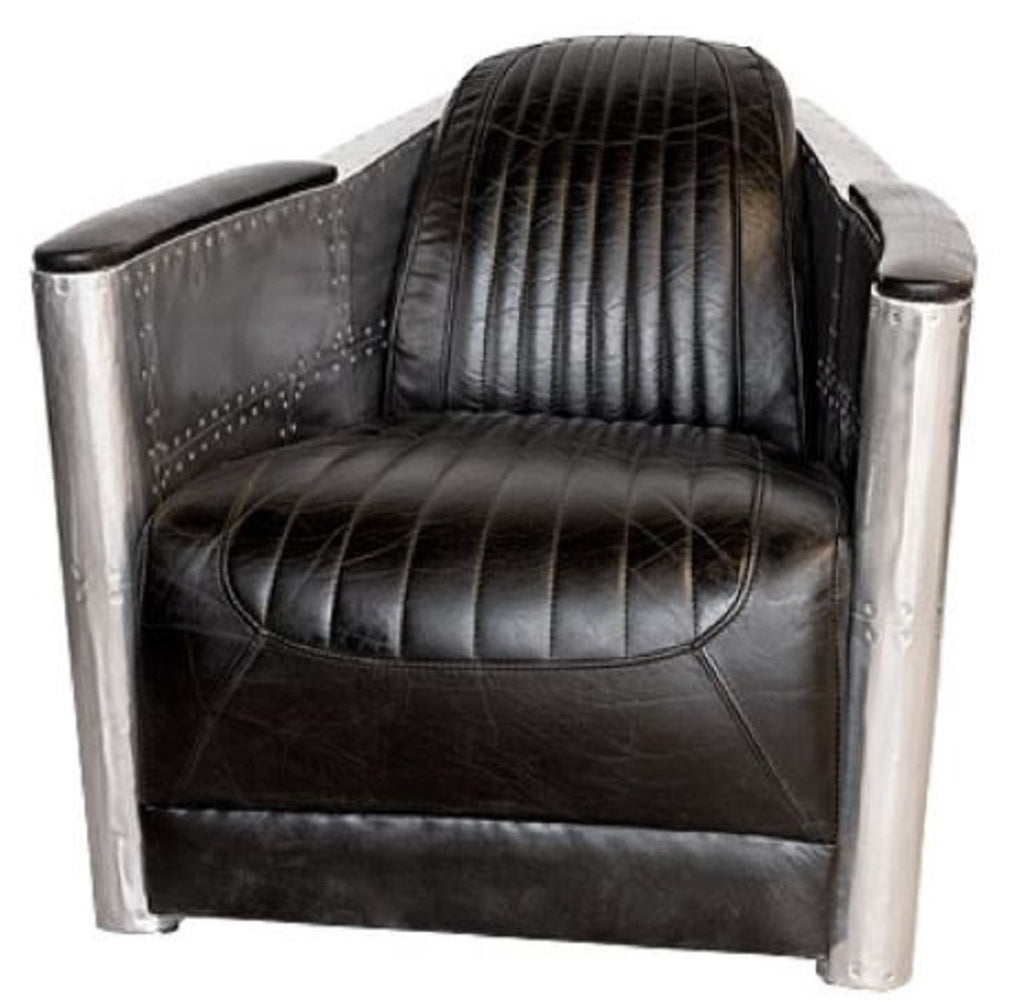 Art Deco Aluminium Echtleder Sessel Schwarz / Silber 74,5 x 94 x H. 78 cm - Club Sessel - Lounge Sessel - Flugzeug Flieger Möbel