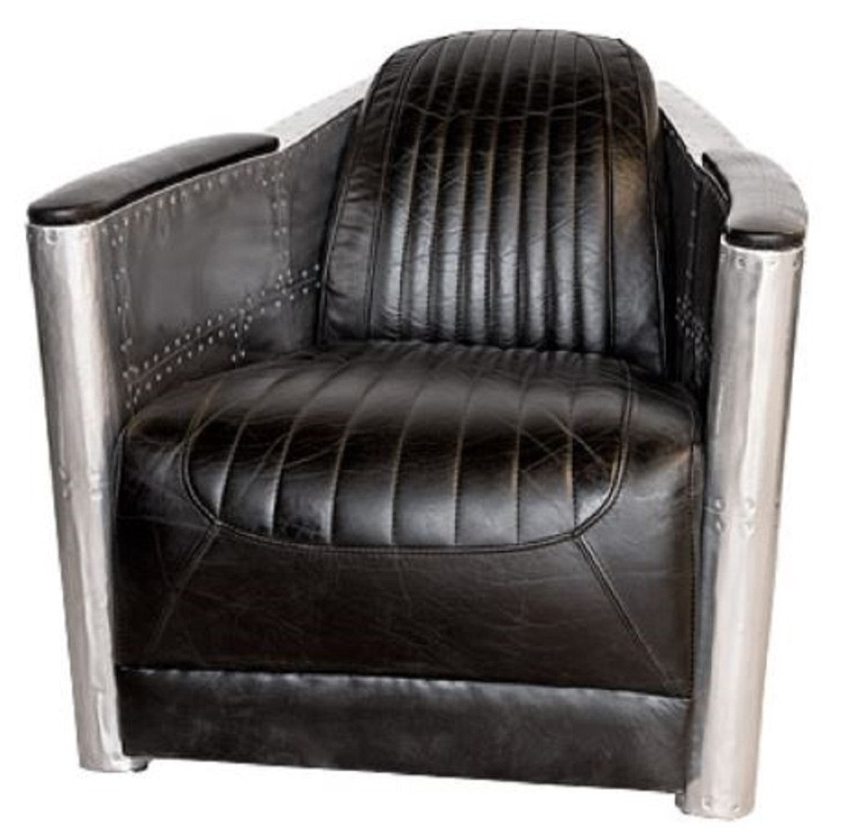 Art Deco Aluminium Echtleder Sessel Schwarz / Silber 74,5 x 94 x H. 78 cm - Club Sessel - Lounge Sessel - Flugzeug Flieger Möbel
