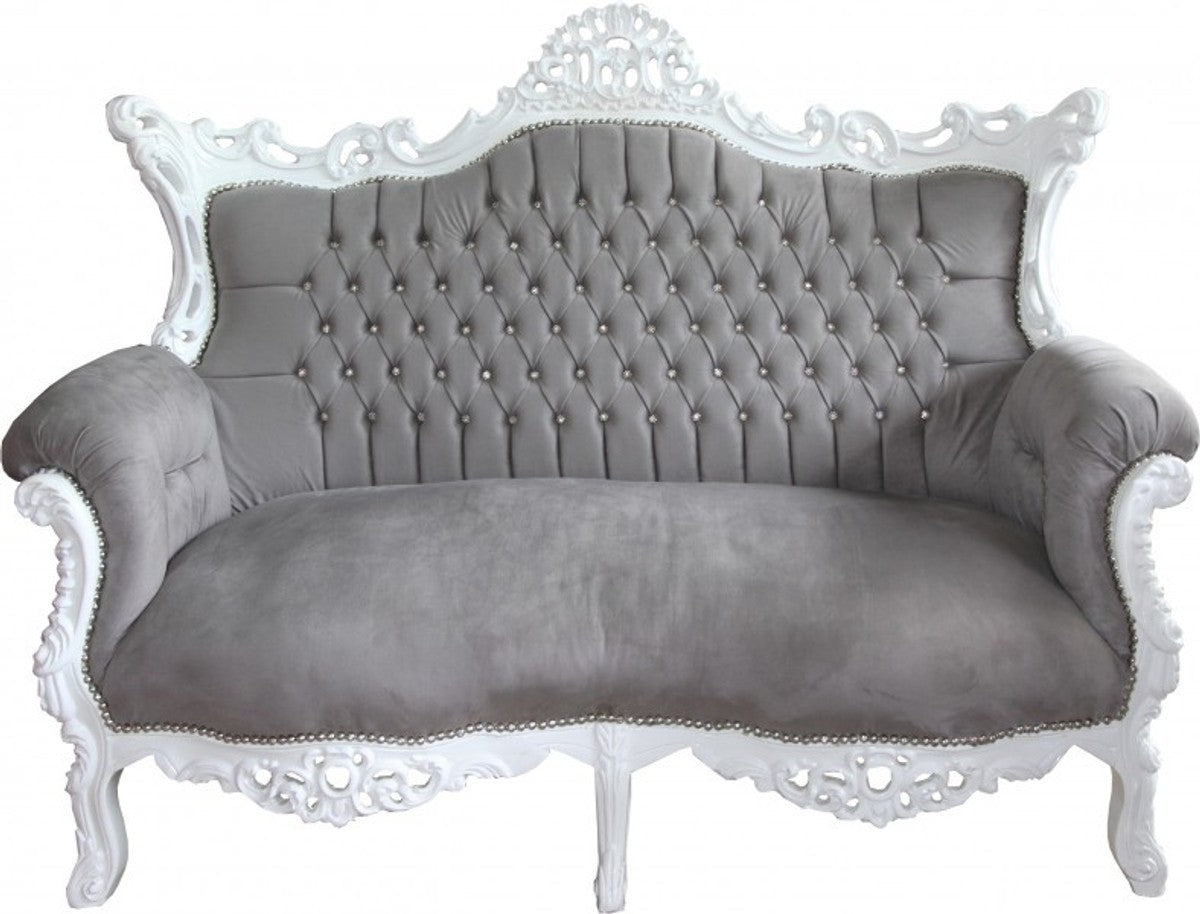 Barock 2-er Sofa Master Grau / Weiß mit Bling Bling Glitzersteinen - Antik Stil Wohnzimmer Möbel - Limited Edition