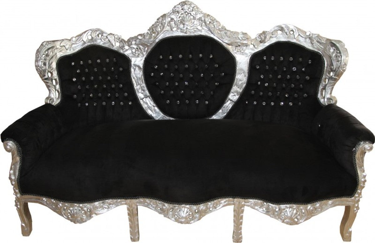 Barock 3-er Sofa King Schwarz/Silber mit Bling Bling Glitzersteinen Möbel