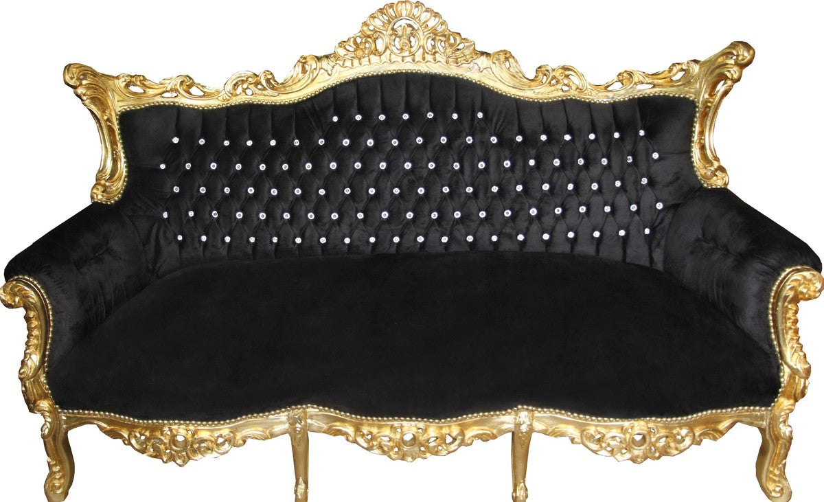 Barock 3-er Sofa Master Schwarz / Gold mit Bling Bling Glitzersteinen - Wohnzimmer Möbel Couch Lounge