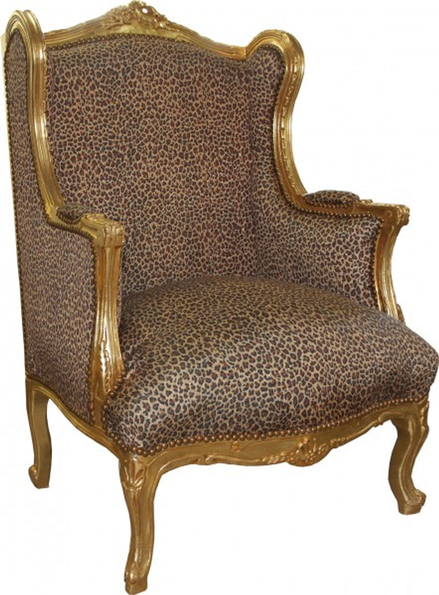 Barock Lounge Thron Sessel Leopard / Gold Mod2 - Ohren Sessel - Ohrensessel Tron Stuhl