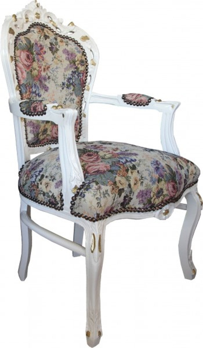Barock Esszimmer Stuhl mit Armlehnen Blumen Muster / Creme / Gold - Limited Edition