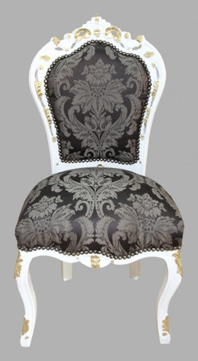 Barock Esszimmer Stuhl Schwarz Muster / Weiß / Gold - Möbel Antikstil