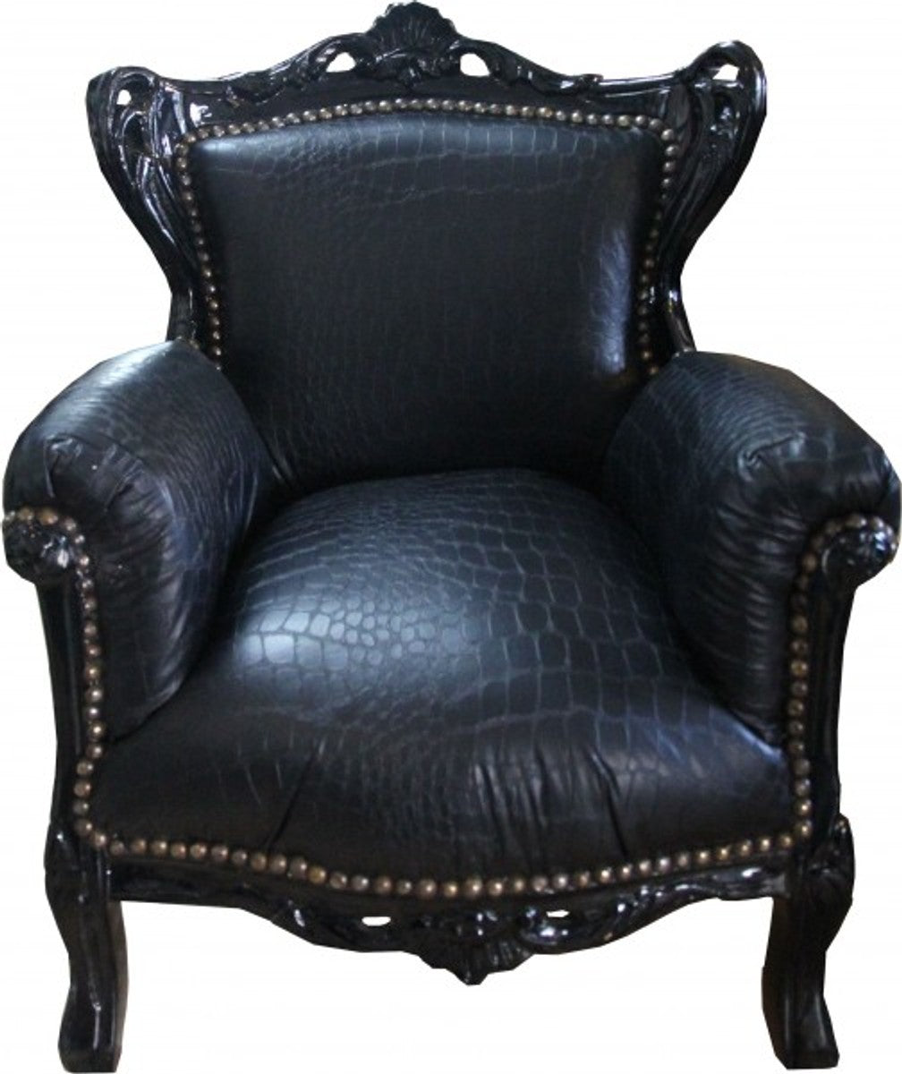 Barock Kinder Sessel Schwarz Croco Lederoptik/Schwarz - Kinder Thron