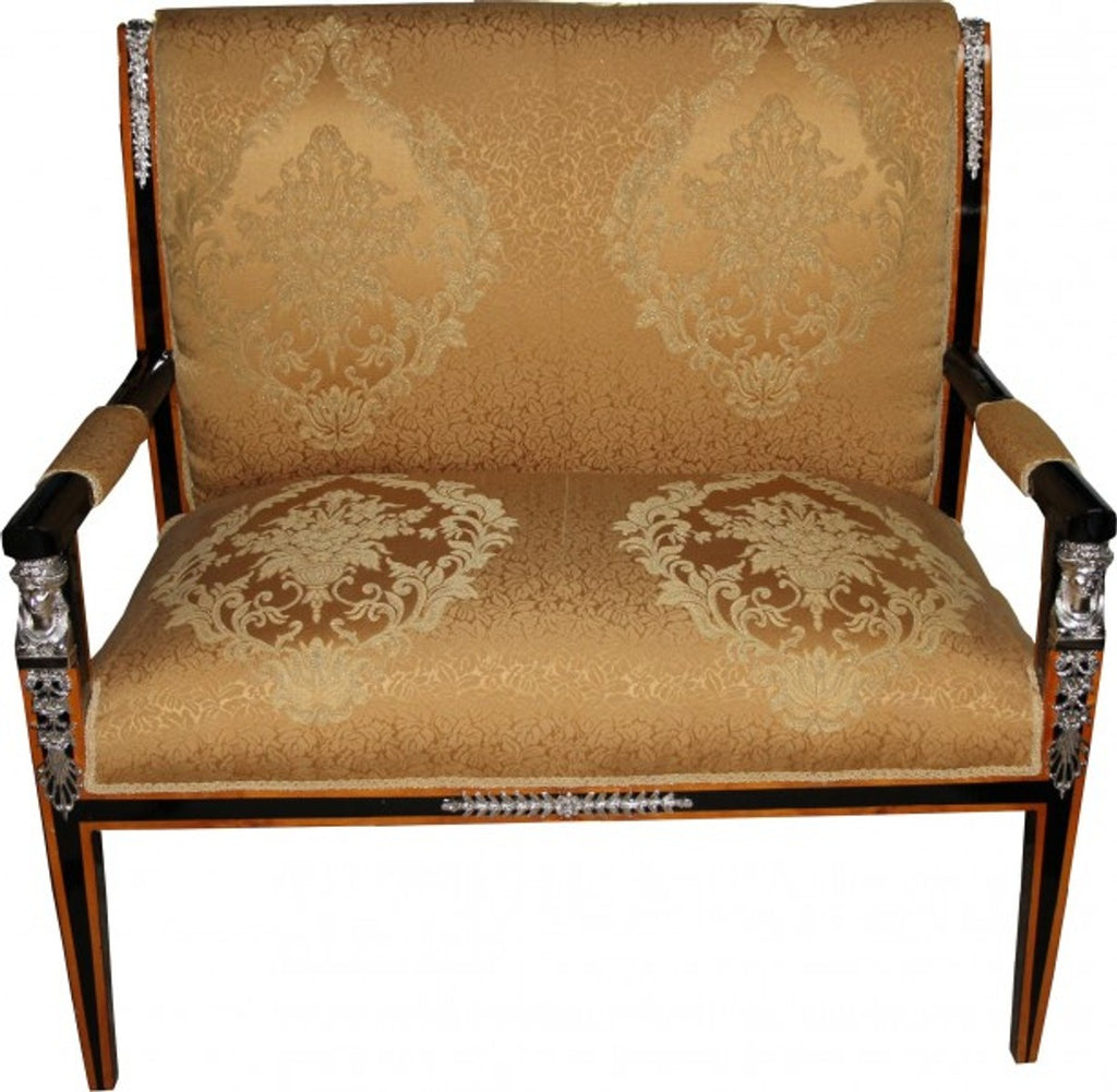 Barock Empire Salon 4-er Set Gold Muster / Schwarz / Mahagoni / Silber - Sitzbank + 2 Sessel + Couchtisch