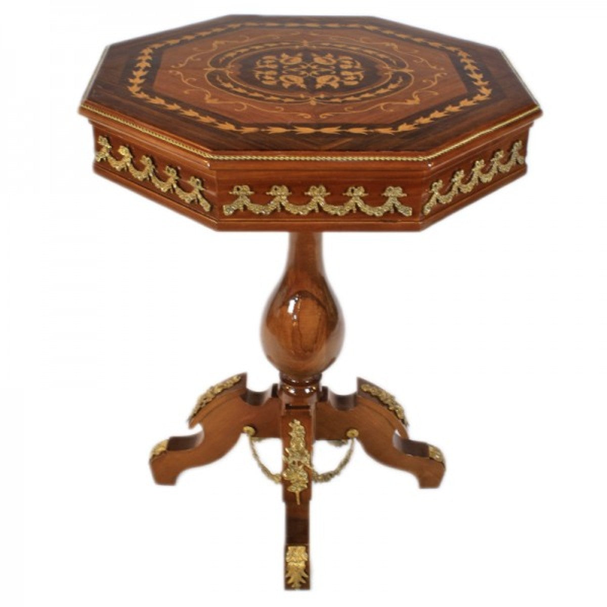 Barock Beistelltisch Mahagoni Intarsien / Gold H75 x 65cm - Ludwig XVI Antik Stil Tisch - Möbel