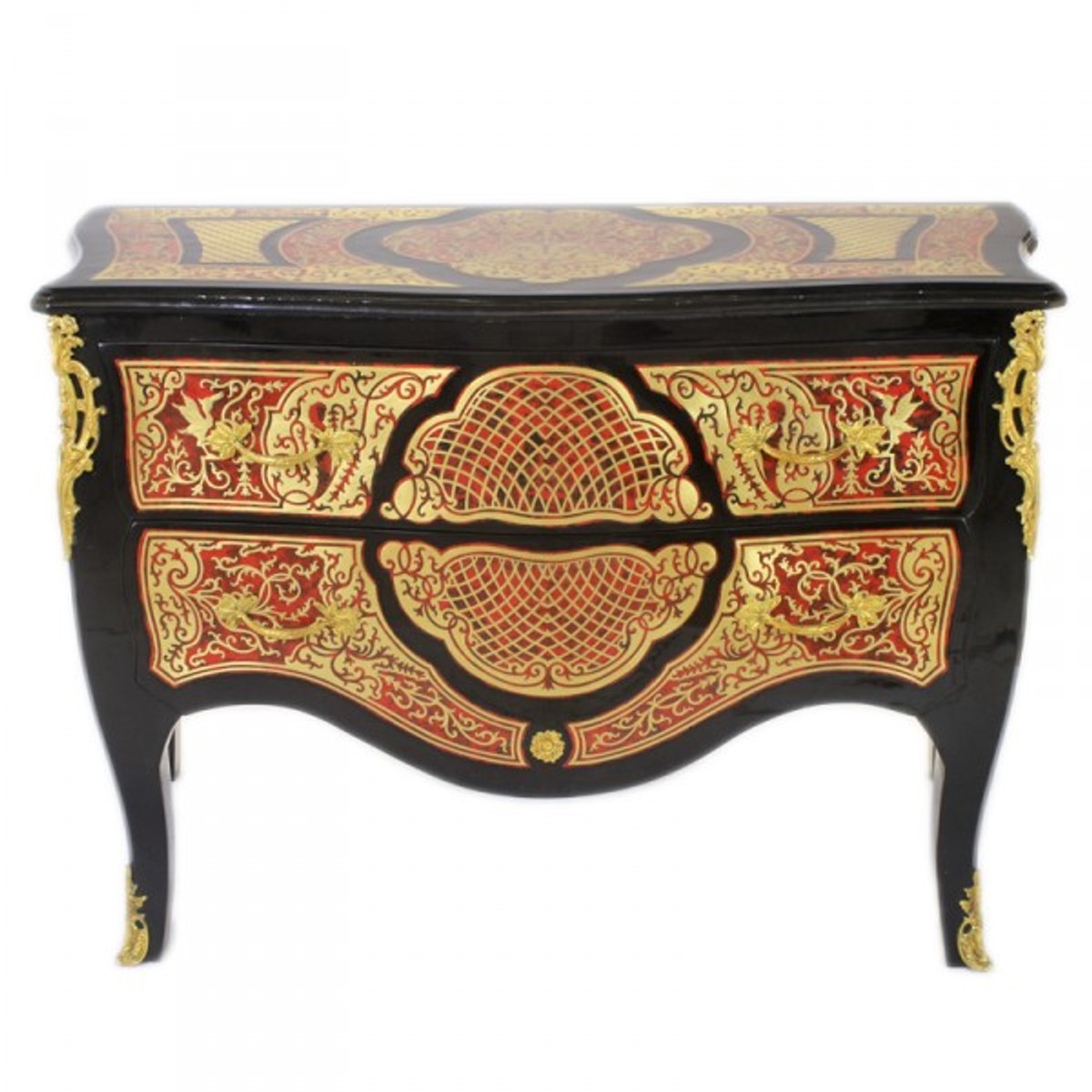 Barock Boulle Kommode Schwarz / Gold / Rot 130cm - Möbel Schrank Sideboard