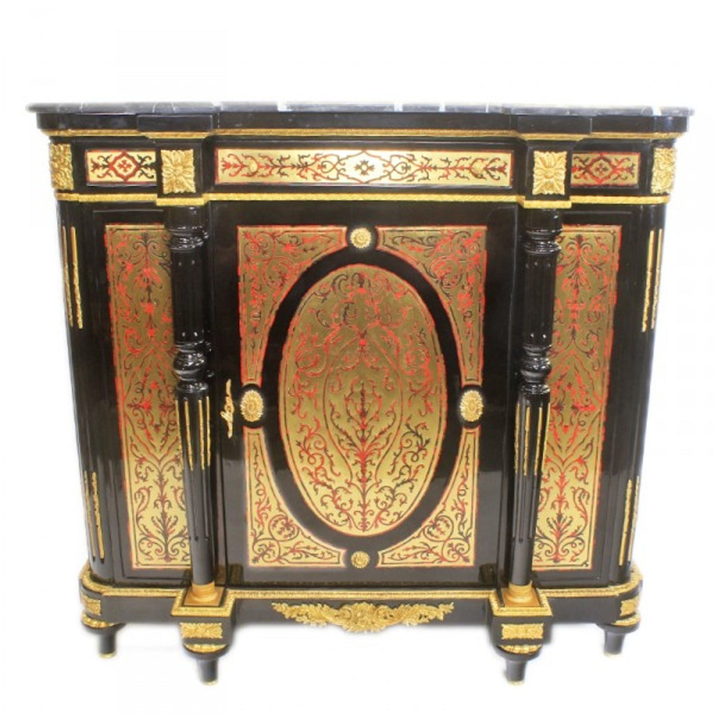 Barock Boulle Kommode Schwarz / Gold / Rot mit Marmorplatte 130 cm - Möbel Schrank Sideboard