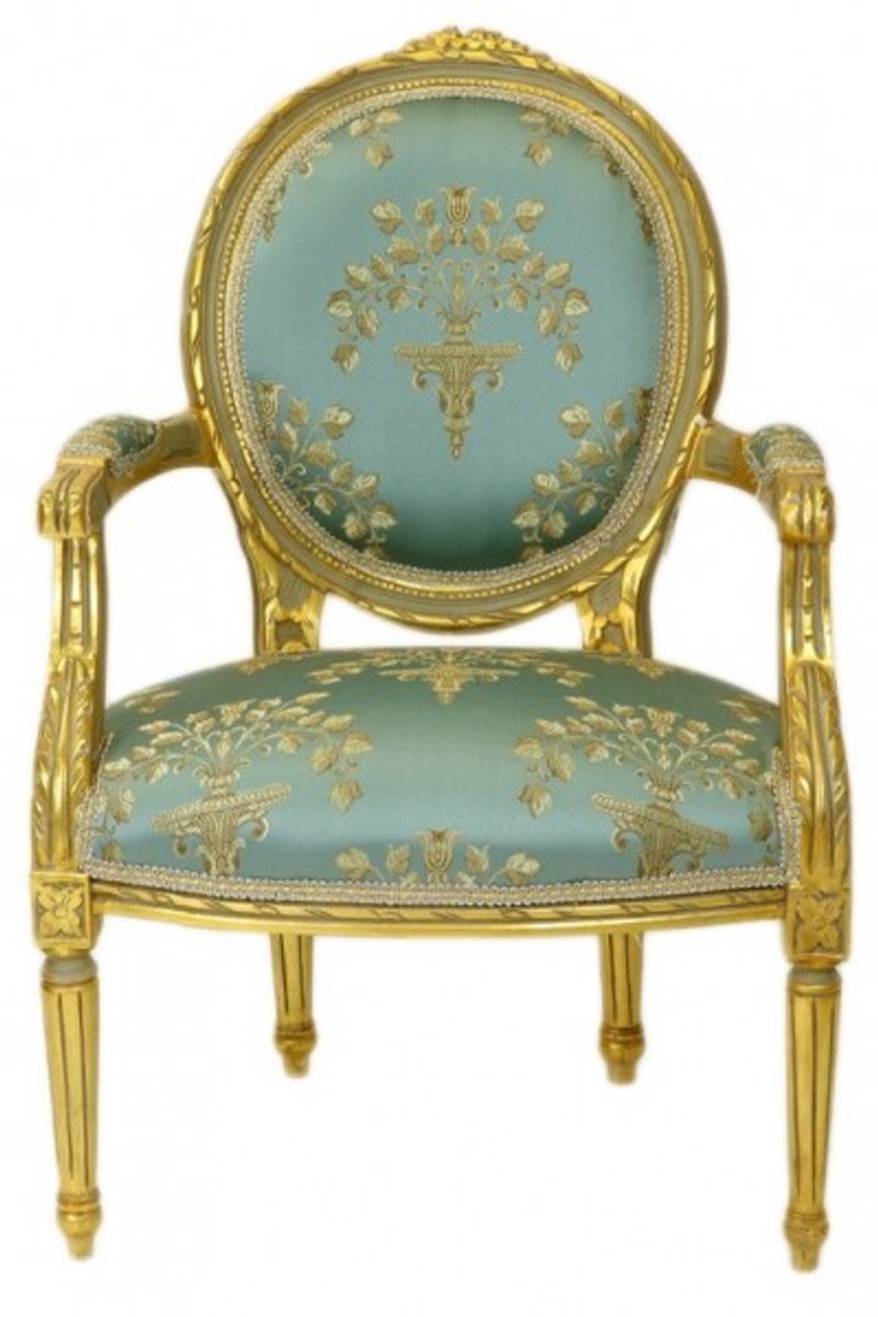 Barock Medaillon Salon Stuhl Türkis Muster / Gold Modell Versailles - Möbel Antik Stil