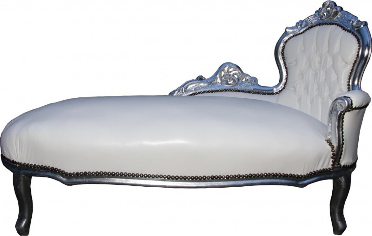 Barock Chaiselongue Weiß/Silber Lederoptik