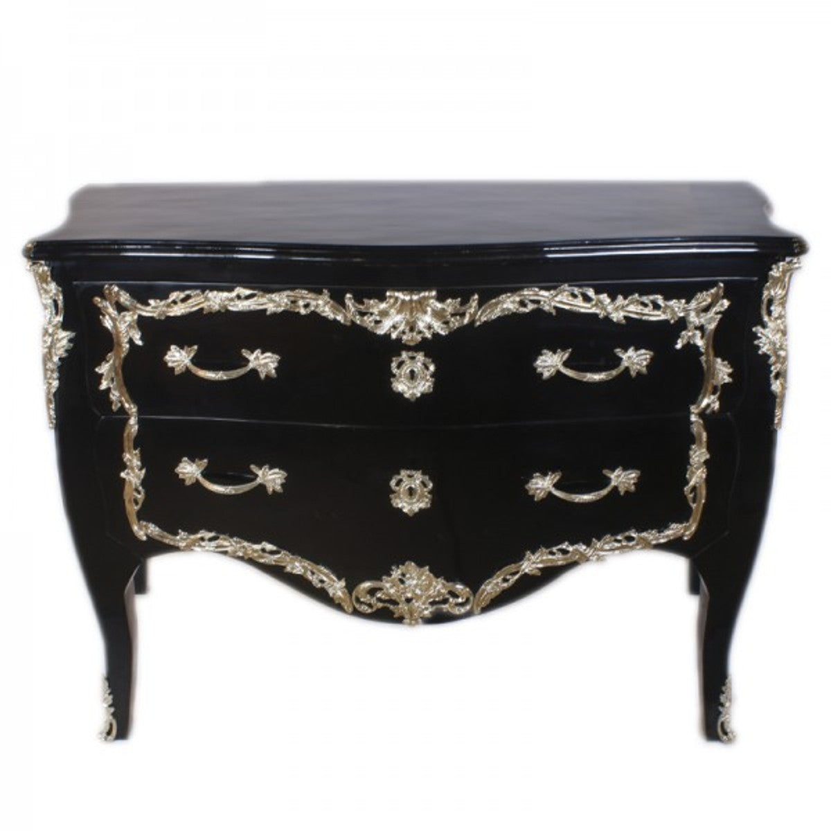 Barock Kommode Schwarz Hochglanz / Silber 130 cm - Handgefertigt aus Massivholz