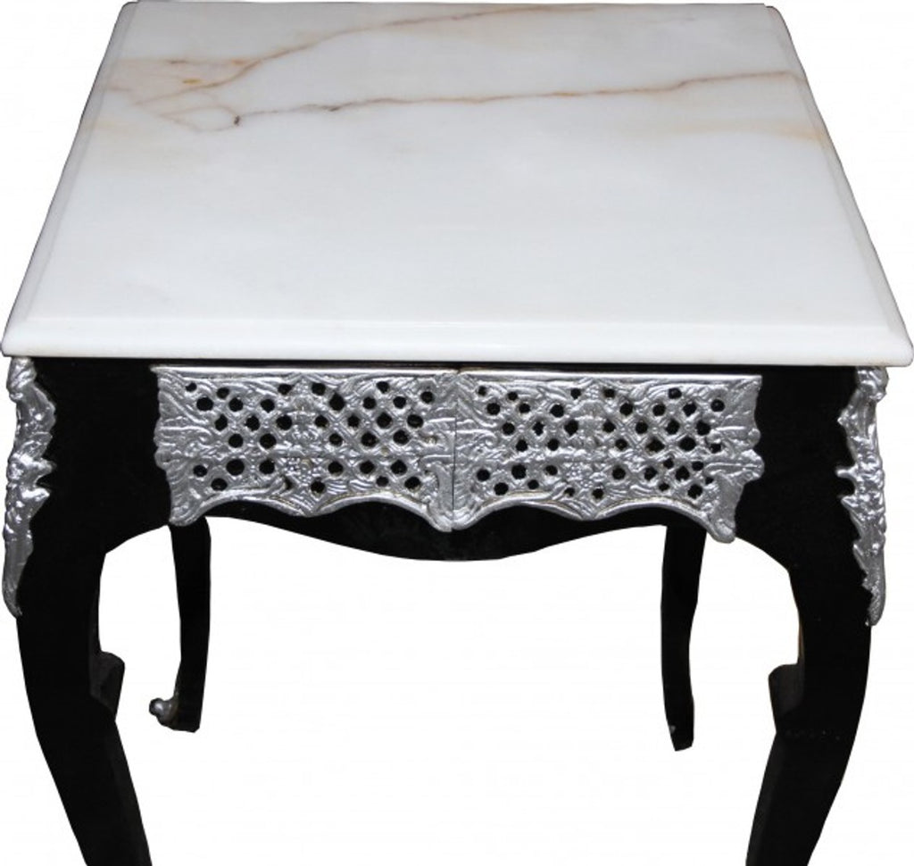 Barock Beistelltisch mit Marmorplatte Höhe 80 cm, Breite 55 cm, Schwarz / Weiss / Silber - Antik Stil