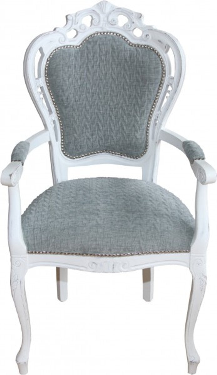 Barock Esszimmer Stuhl mit Armlehnen Grau-Blau / Antik Weiss - Designer Stuhl - Luxus Qualität